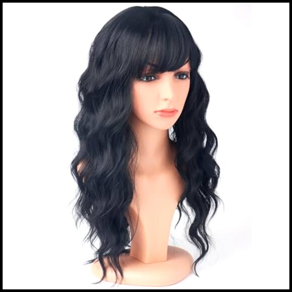 Synthetic Wavy Wig with Bangs Heat Resistant Glueless Long Hair Party Wear